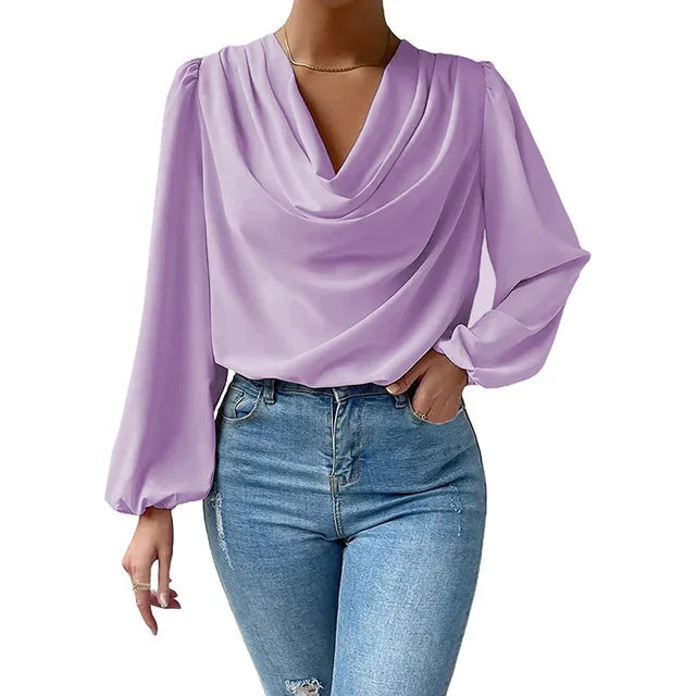 Chiffon Long Sleeve Office Solid Color Oversized Casual Loose Top Lavender