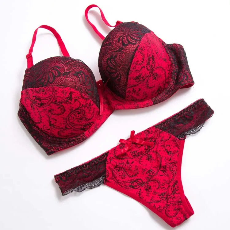 Thin Cotton Padded Breathable Push Up Bra And Panty Lingerie Red One Size
