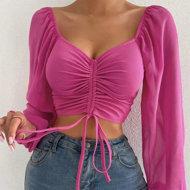 Sexy Chiffon Solid Color Puff Sleeve V-Neck Drawstring Hot Tee Crop Top Rose Red Overseas