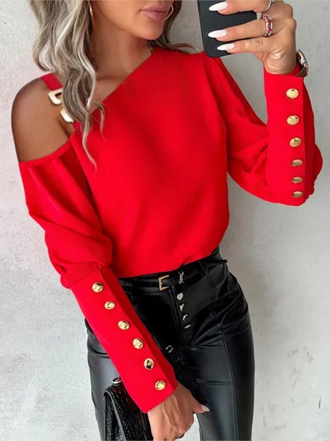 Versatile Off Shoulder Casual Long Sleeve Metal Buckle Elegant Button Fashion Loose Top Red