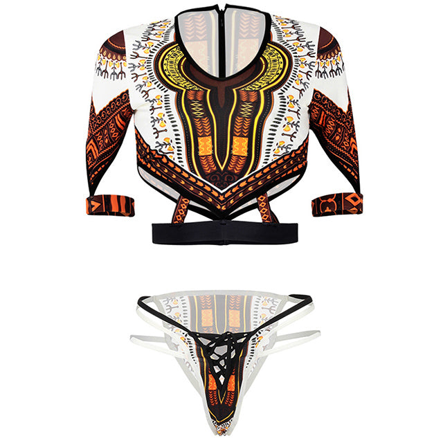 African Short Sleeve Dashiki Print Set Swimwear White
