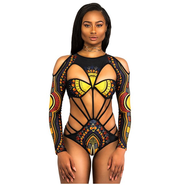 Stylish Sexy Laced Up Long Sleeve Kente Bikini Black