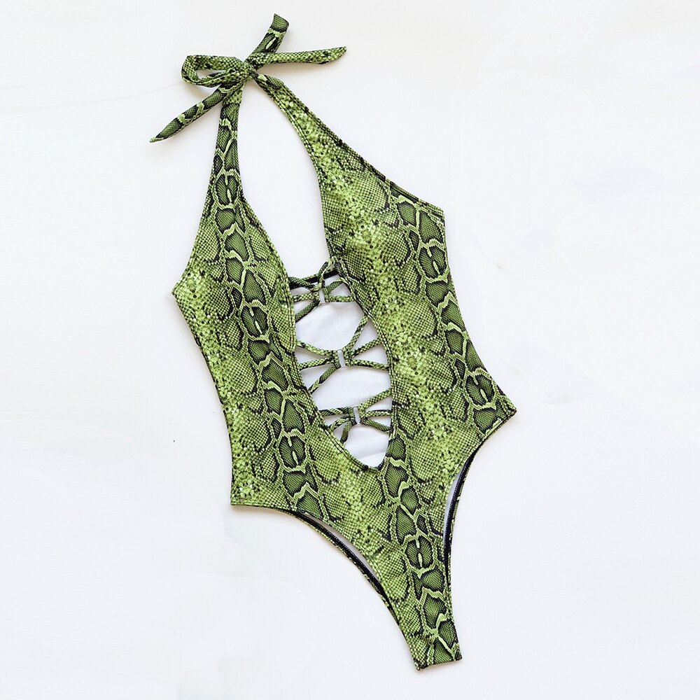 Green Snake String Hollowed One Piece Swimsuit