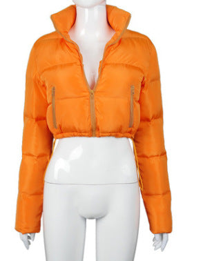 Ladies Puffed Collared Warm Winter Jacket Orange