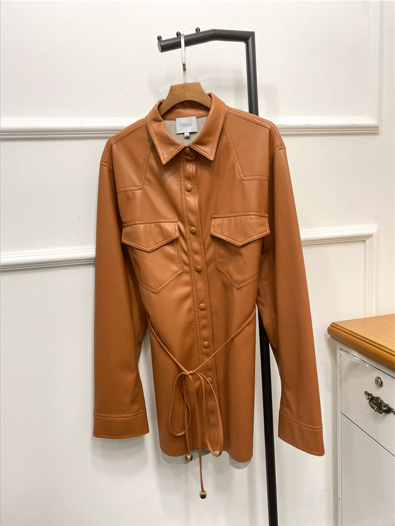 Nordic Style Belt Plain Lapel Motorcycle Leather Jacket