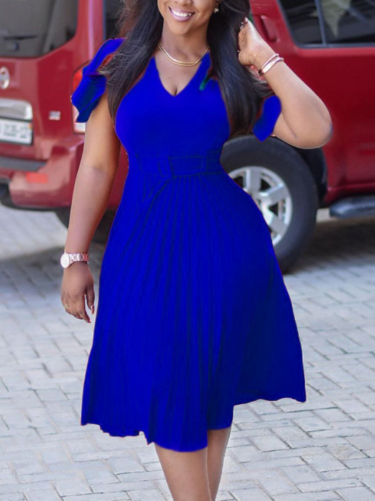 Pleated High Waist Short Sleeves A Line Modest African Office Dress Pleated High Waist Short Sleeves A Line Modest African Office Dress