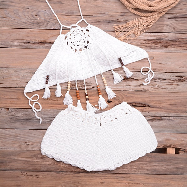 Shells Tassel Knitted Crochet 2 Piece Beachwear White