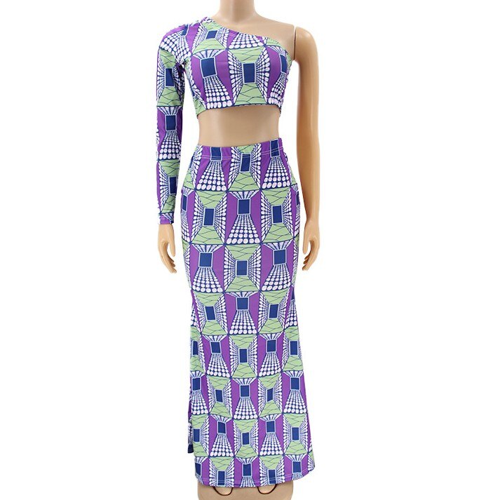 African Skew Neck Crop Top Mermaid Skirt Elegant 2 Piece Outfit Purple