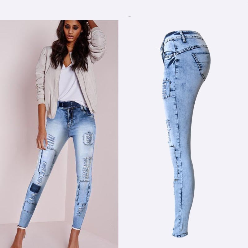 Low Waist Sky Blue Patchwork Skinny Tight Pencil Stretch Jeans