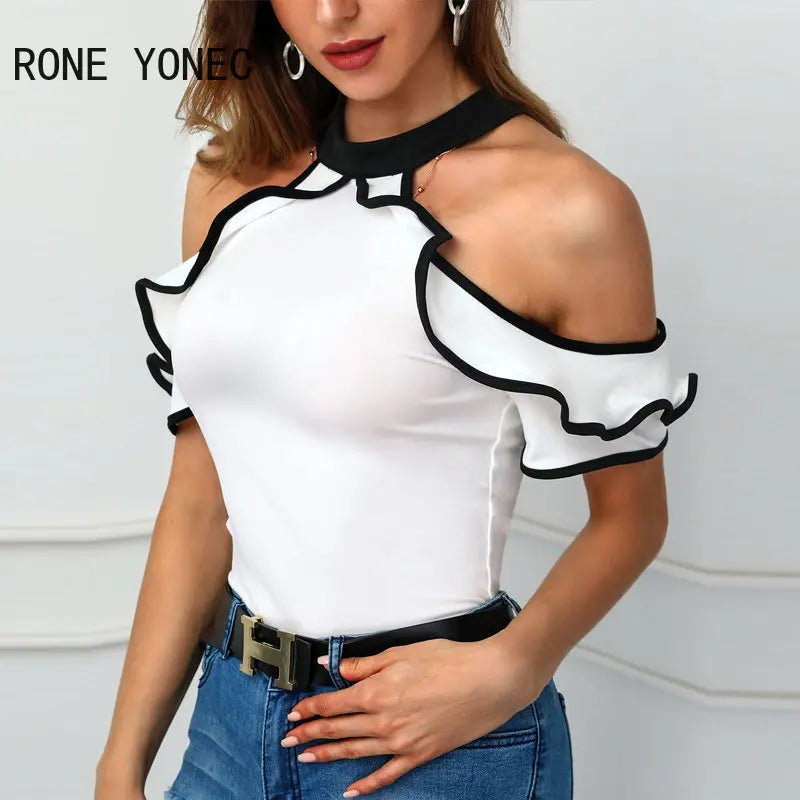 2023 Women Chic Halter Off Shoulder Short Sleeves Basic Summer Blouse Tops