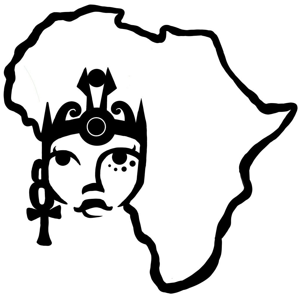 Nyaee logo female face, wearing an ankh earring on the right ear with africa continent shaped hair