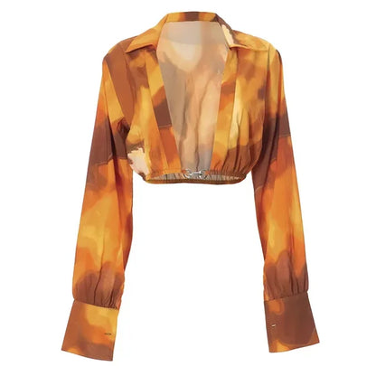 Orange Printed Sexy Single Button Deep V Neck Long Sleeve Crop Top Orange