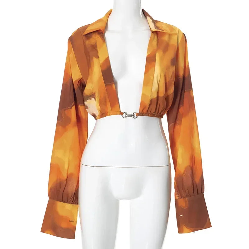 Orange Printed Sexy Single Button Deep V Neck Long Sleeve Crop Top