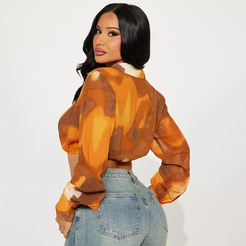 Orange Printed Sexy Single Button Deep V Neck Long Sleeve Crop Top