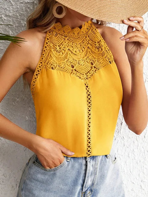 Elegant Sleeveless Women's Shirt 2024 Summer Fashion Hollow Lace Style Tank Top For Women Tops Bloues Camisas De Mulher AXR297 Yellow