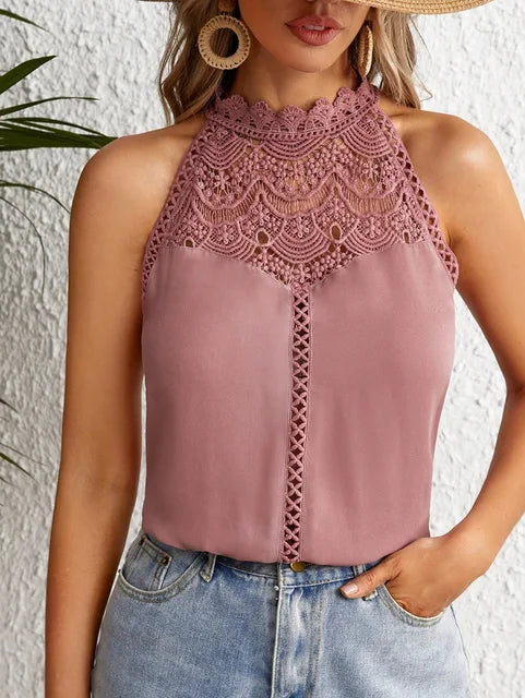 Elegant Sleeveless Women's Shirt 2024 Summer Fashion Hollow Lace Style Tank Top For Women Tops Bloues Camisas De Mulher AXR297 Pink