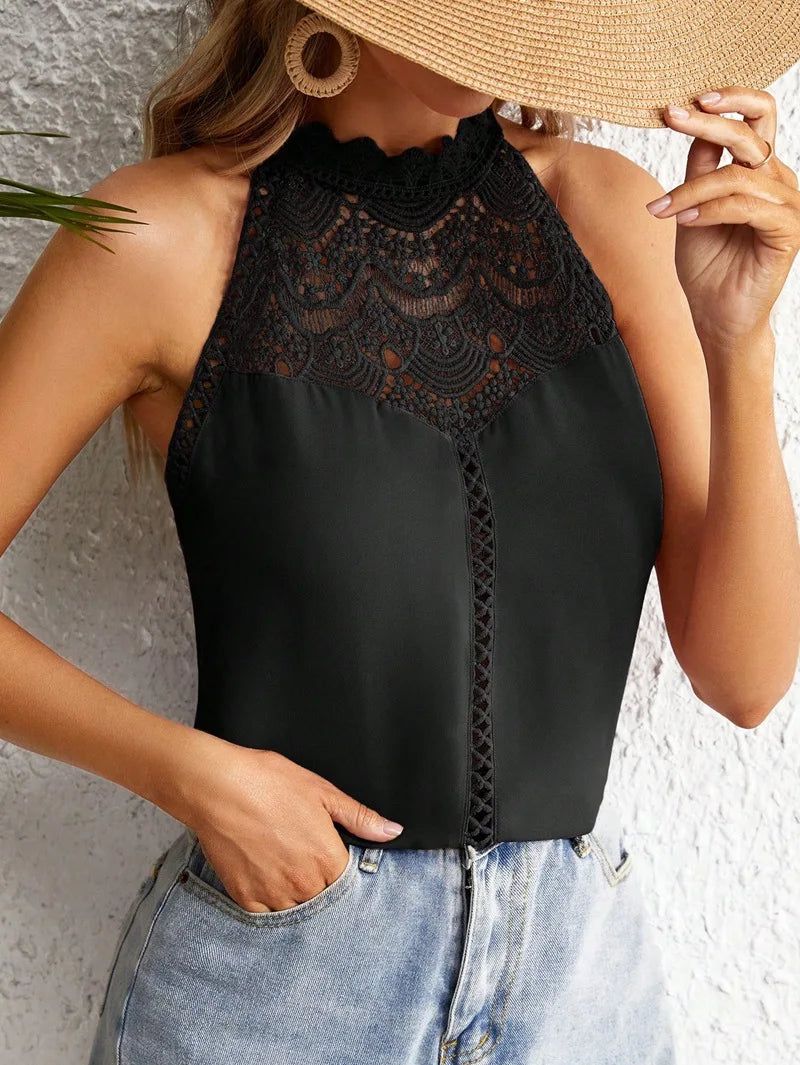 Elegant Sleeveless Women's Shirt 2024 Summer Fashion Hollow Lace Style Tank Top For Women Tops Bloues Camisas De Mulher AXR297