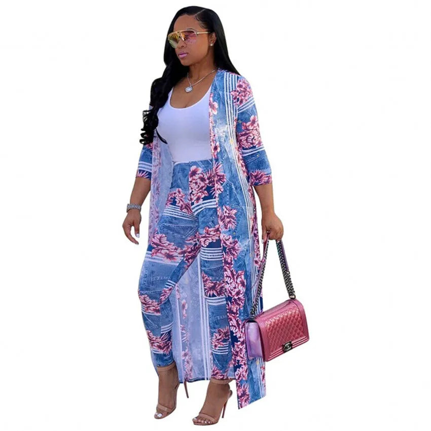 2 Piece Women Set 2020 New African Tie Dye Print Elastic Pants Rock Style Dashiki Famous Suit For Lady coat and leggings 2pcs/se sky blue