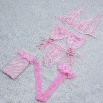 Lace 4 Piece Sling Open Sexy Panty and Push Up Bra Erotic Transparent Underwear Net Stocking Set Pink