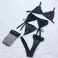 Lace 4 Piece Sling Open Sexy Panty and Push Up Bra Erotic Transparent Underwear Net Stocking Set Black
