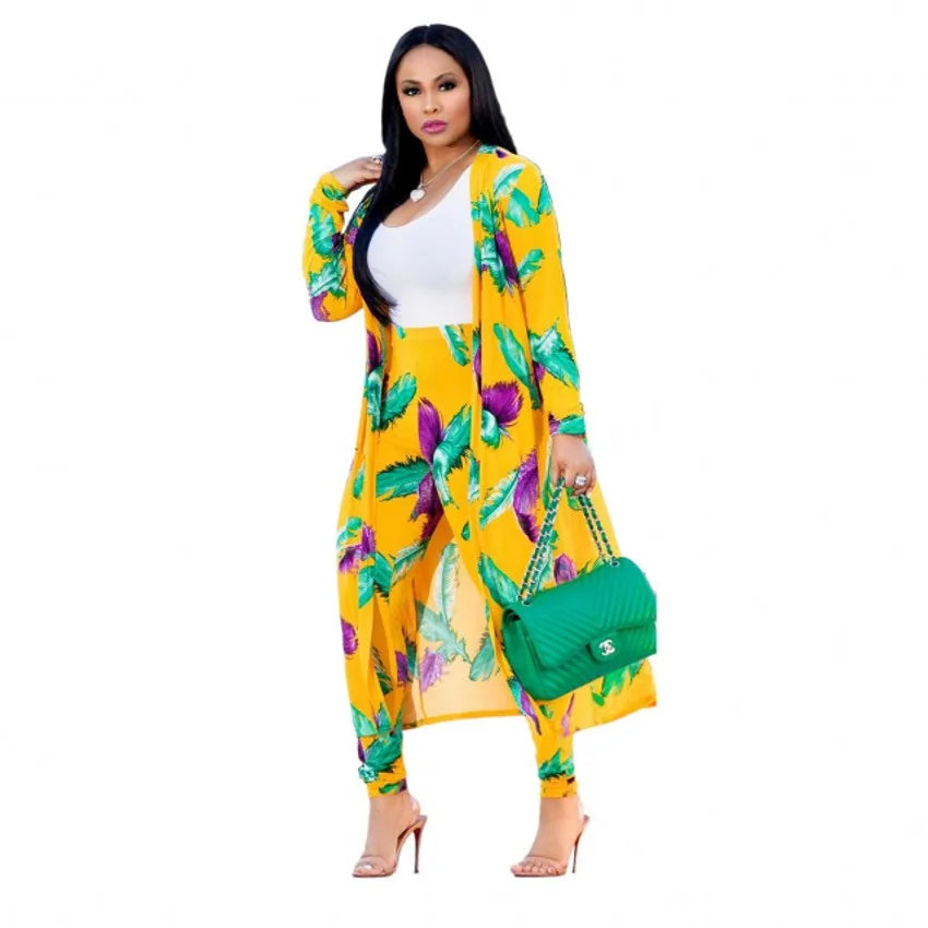 2 Piece Women Set 2020 New African Tie Dye Print Elastic Pants Rock Style Dashiki Famous Suit For Lady coat and leggings 2pcs/se Yellow