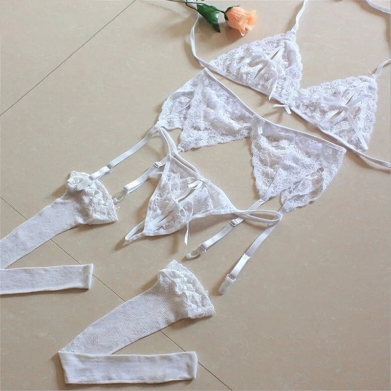 Lace Women Lingerie Set 4 Pcs Sling Open Bra Sexy Wiht Garter Panties Push Up Bra Set Erotic Transparent Underwear Net Stockings White