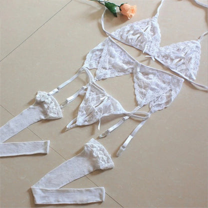 Lace 4 Piece Sling Open Sexy Panty and Push Up Bra Erotic Transparent Underwear Net Stocking Set White