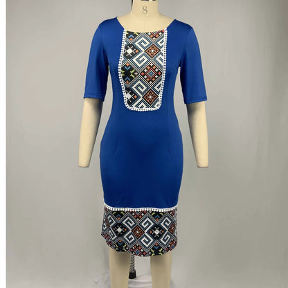 African Dresses for Women Plus Size New Style Dashiki Print Short Sleeve Bazin Africa Dress African Pencil Bodycon Dress 2022 Blue