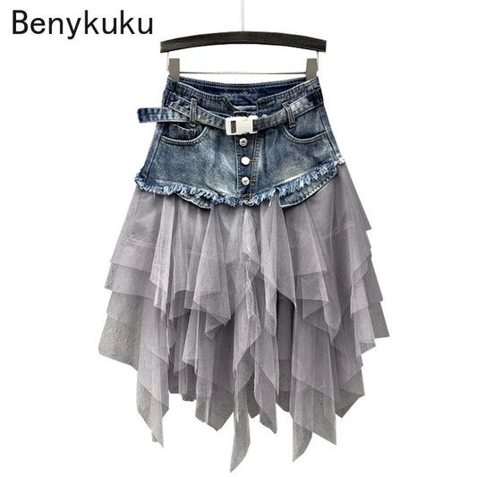 Punk Women Denim Jeans Mesh Patchwork Lace Skirt High Waist A Line Asymmetric Frill Tulle Pleated Midi Y2K Gothic Chic Skirts