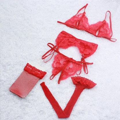 Lace 4 Piece Sling Open Sexy Panty and Push Up Bra Erotic Transparent Underwear Net Stocking Set Red