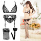 Lace Women Lingerie Set 4 Pcs Sling Open Bra Sexy Wiht Garter Panties Push Up Bra Set Erotic Transparent Underwear Net Stockings