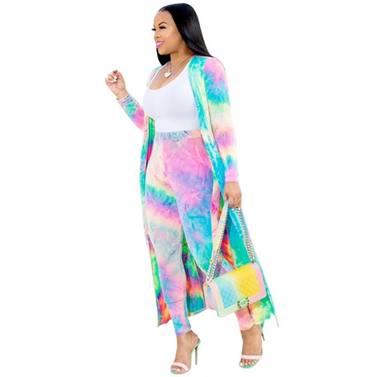 2 Piece Women Set 2020 New African Tie Dye Print Elastic Pants Rock Style Dashiki Famous Suit For Lady coat and leggings 2pcs/se