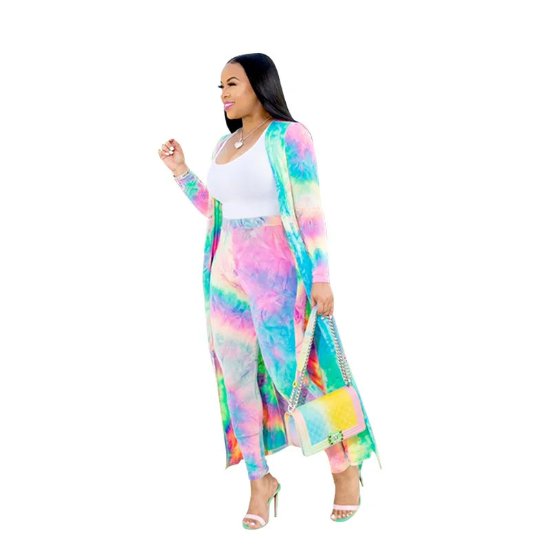 2 Piece Women Set 2020 New African Tie Dye Print Elastic Pants Rock Style Dashiki Famous Suit For Lady coat and leggings 2pcs/se MULTI