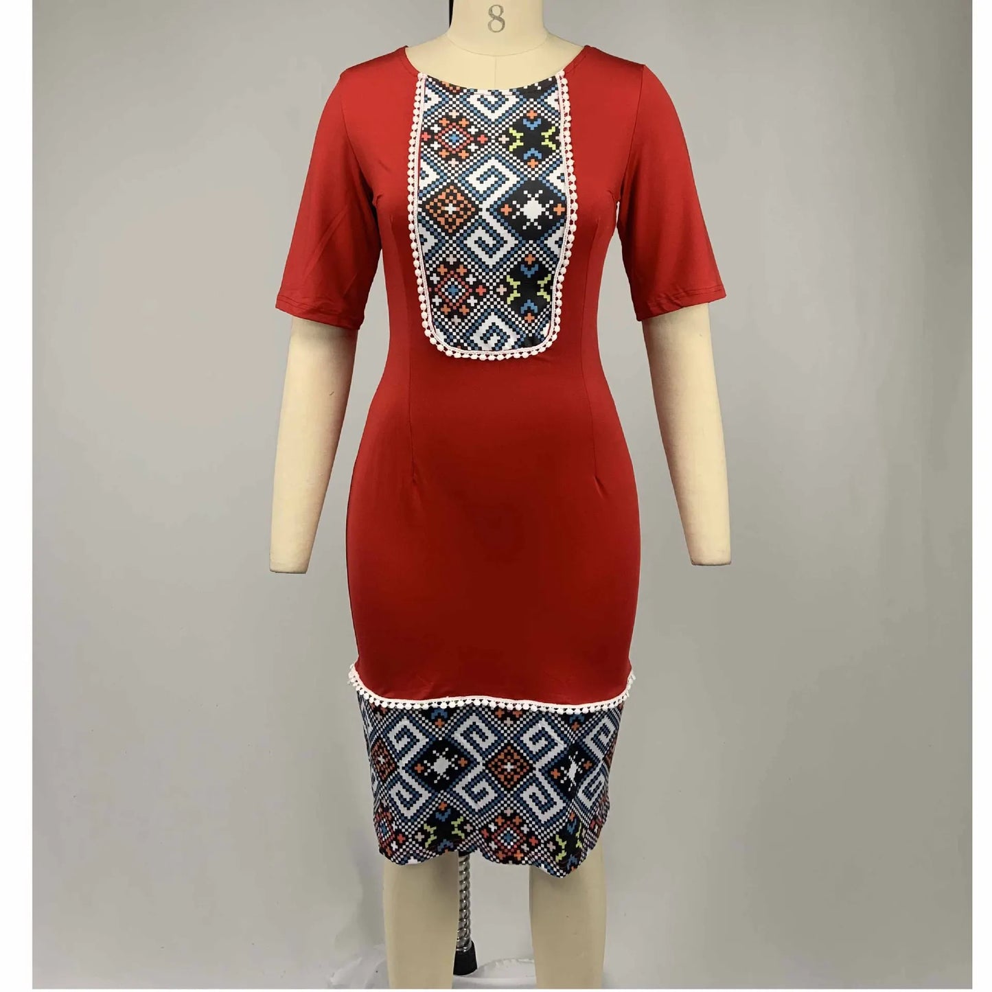 African Dresses for Women Plus Size New Style Dashiki Print Short Sleeve Bazin Africa Dress African Pencil Bodycon Dress 2022 Red