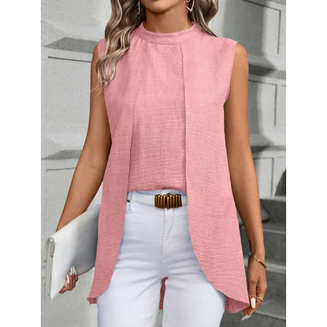 Irregular Women's Two-piece Sleeveless Round Neck Blouse Top Pink