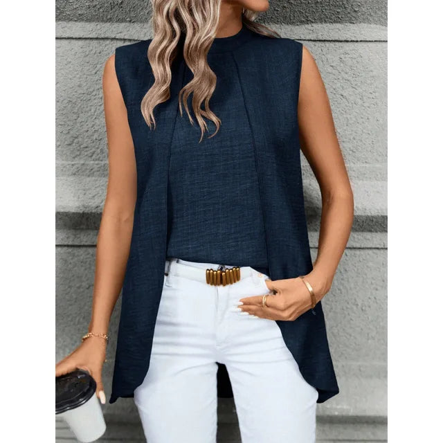 Irregular Women's Two-piece Sleeveless Round Neck Blouse Top Navy Blue