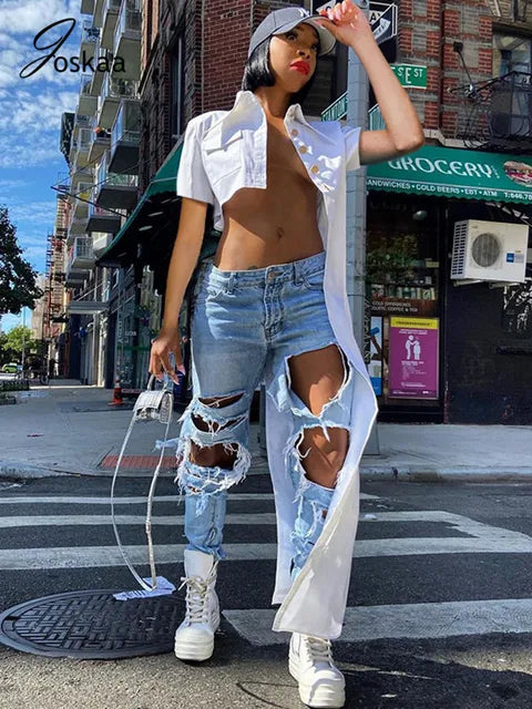 Streetwear Button Up Long Sleeve Asymmetrical Top Short Sleeve