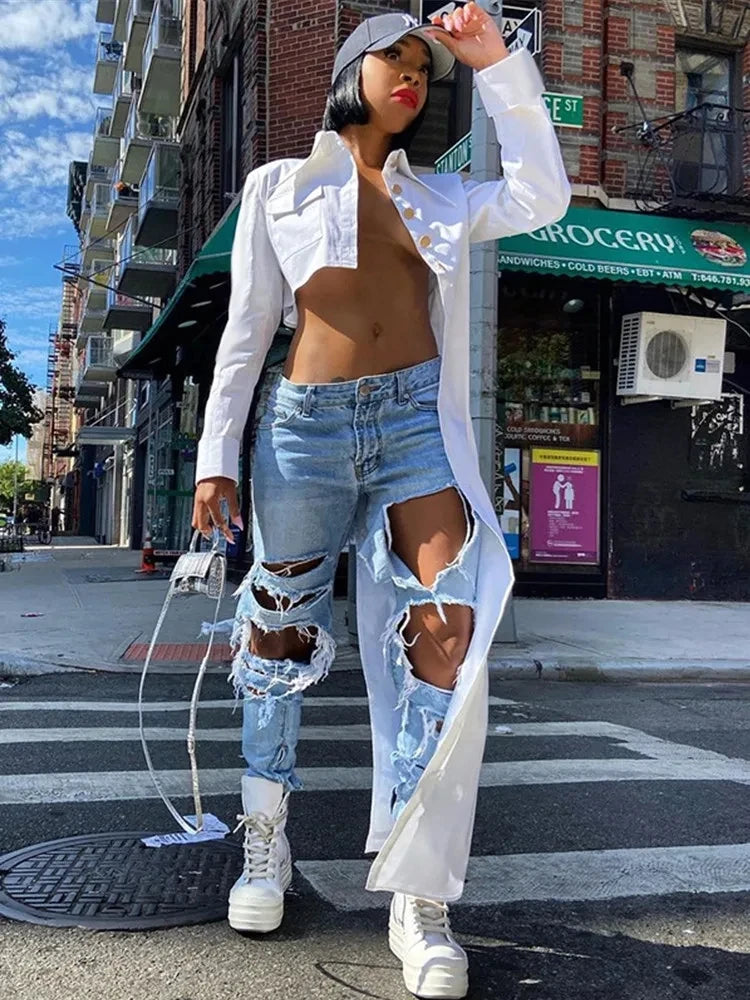 Streetwear Button Up Long Sleeve Asymmetrical Top