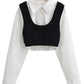 Lapel Long Sleeve Single Breasted Cropped with Knitted Vest 2 Piece Fashion Top Streetwear Black