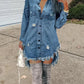 Ripped Raw Hem Asymmetrical Denim Casual Fashion Pocket Single Breasted Button Dress Top