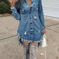 Ripped Raw Hem Asymmetrical Denim Casual Fashion Pocket Single Breasted Button Dress Top