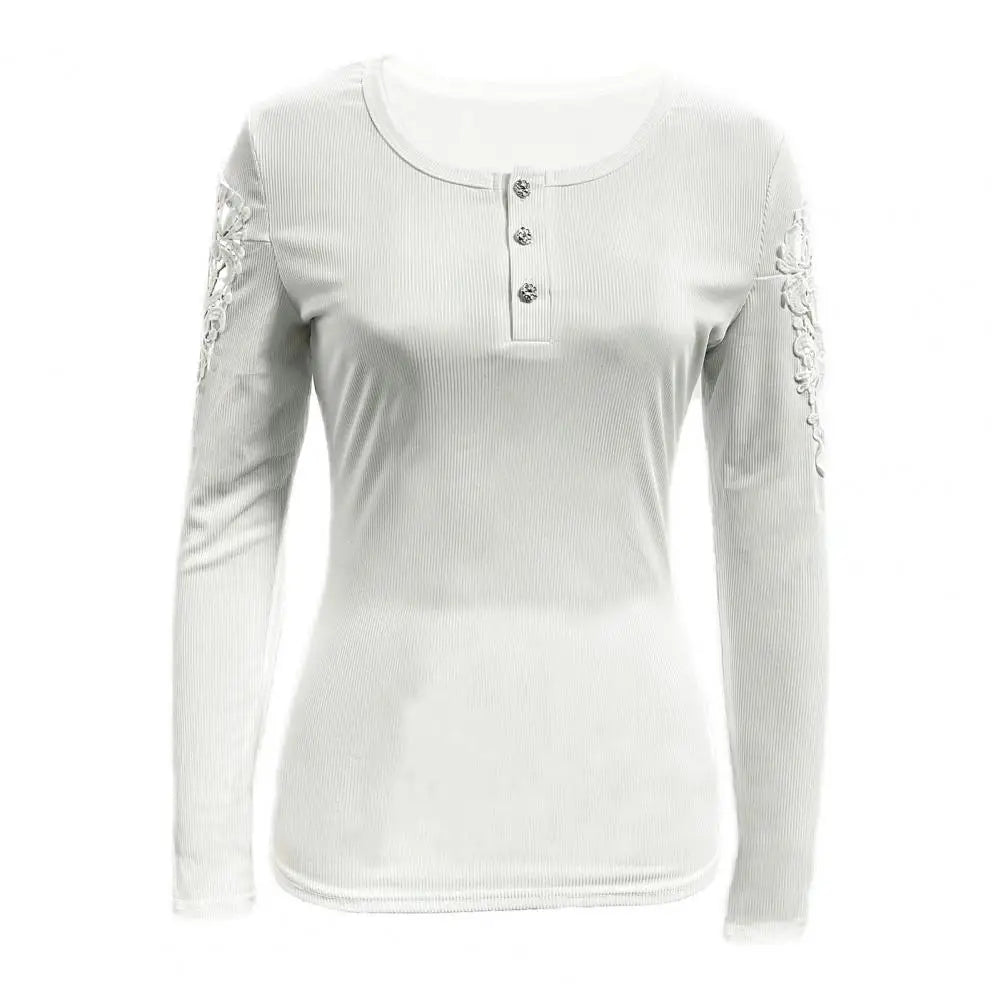 Round Neck Elegant Lace Patchwork Pullover Slim Fit Round Neck Long Sleeve Soft Top