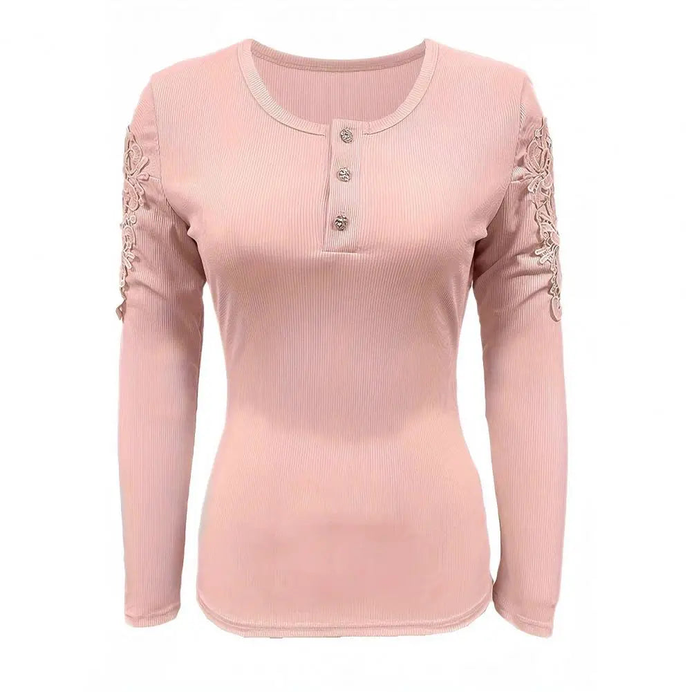 Round Neck Elegant Lace Patchwork Pullover Slim Fit Round Neck Long Sleeve Soft Top