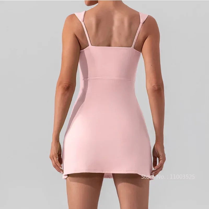 Lady Sexy Halter Tennis Dress Women Breathable Split Yoga Sport Dress Girls Quick Dry Slim Workout Badminton Skirt Casual Skort