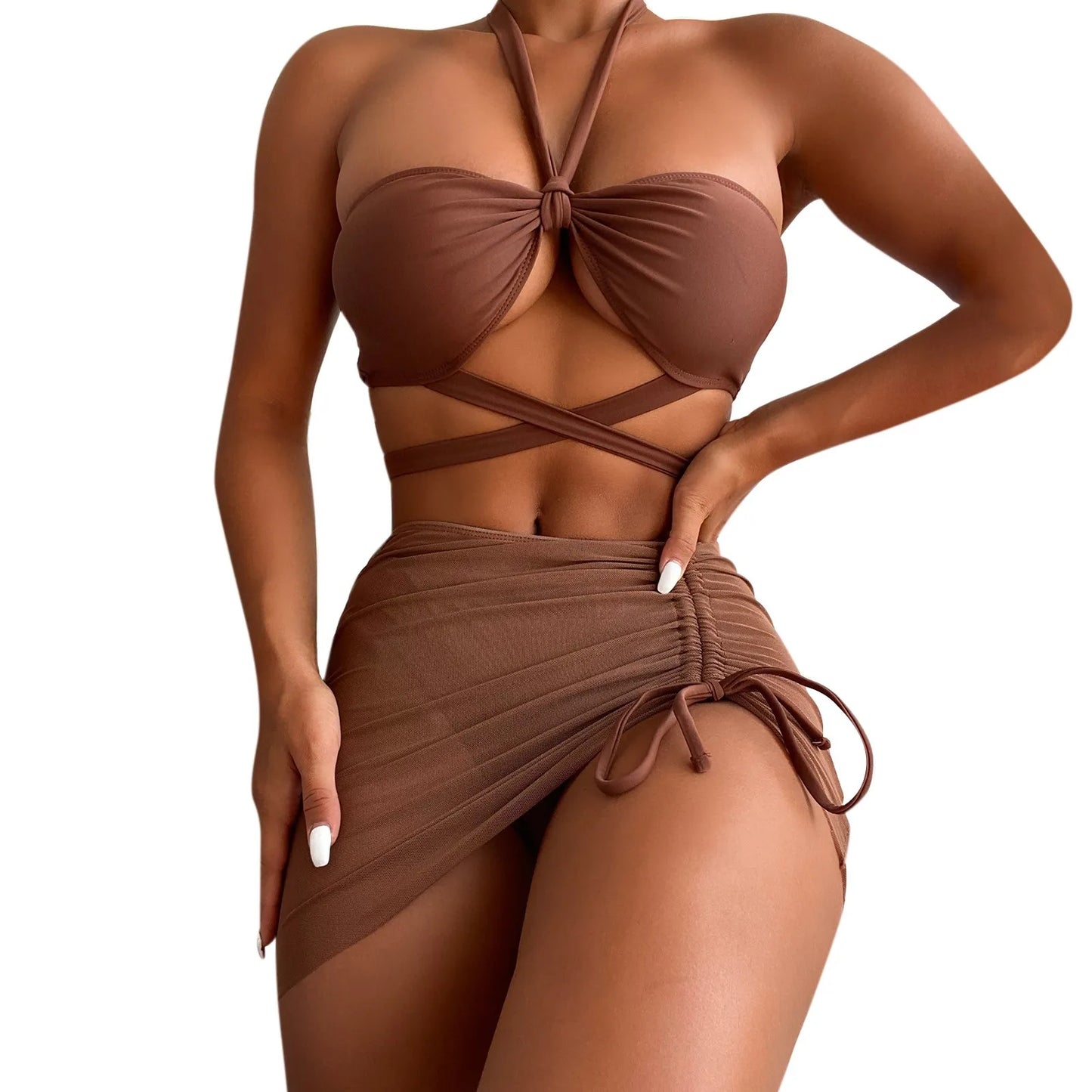 Summer 2024 New 3 Pieces Swimsuit Women High Waist Swimwear Sexy Lace Up Micro Bikini Set With Skirt Beachwear Bathing Suit