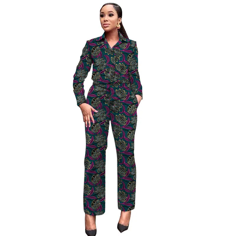 African Wax Print Women Outfits Turn Down Collar Shirts Patch Casual Pants Ankara Fashion Female Dashiki Wear 13 CHINA