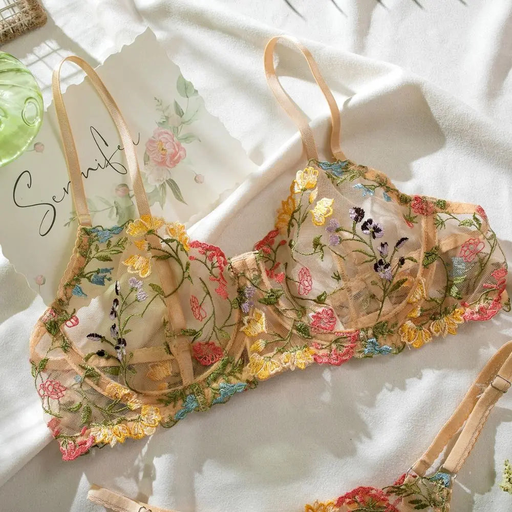 2-Piece Versatile Floral Lingerie Set Embroidery Sheer Boho Bra Panty Set Intimates