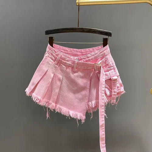 Irregular Pink Denim Skirt Women's Summer High Waist Slimming False Two-Piece A- Line Workwear Short Mini Skirts 2024 Pink