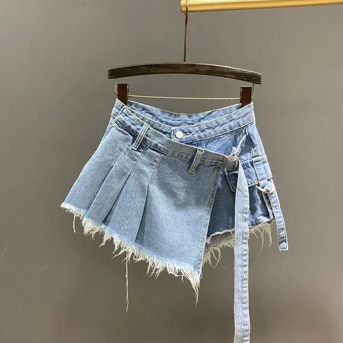 Irregular Pink Denim Skirt Women's Summer High Waist Slimming False Two-Piece A- Line Workwear Short Mini Skirts 2024 Light Blue