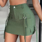 Sexy and Slim2024 Summer Short Skirt Pocket Design Casual Cargo Skirt Strap Solid Color High Waist A-Line Army Green Mini Dress